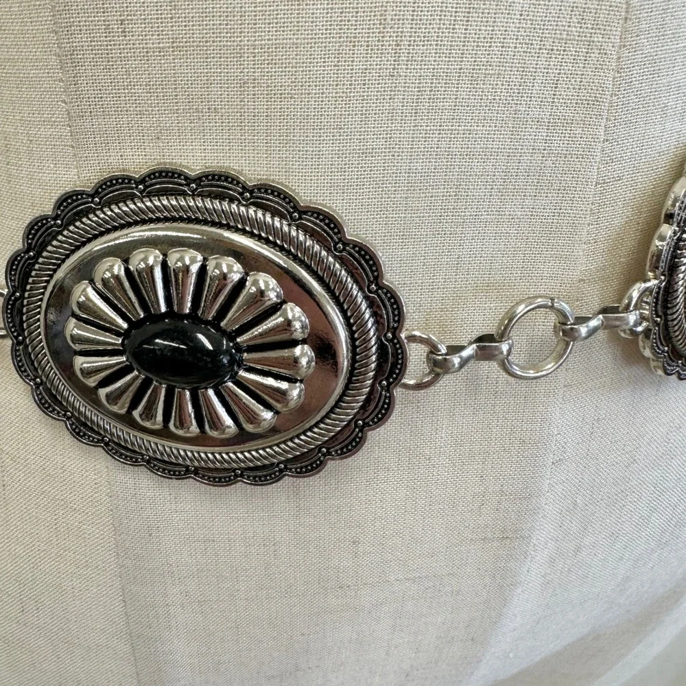 Silver Concho Chain Belt‎ Black Faux Stone Western Boho Adjustable XS/Small